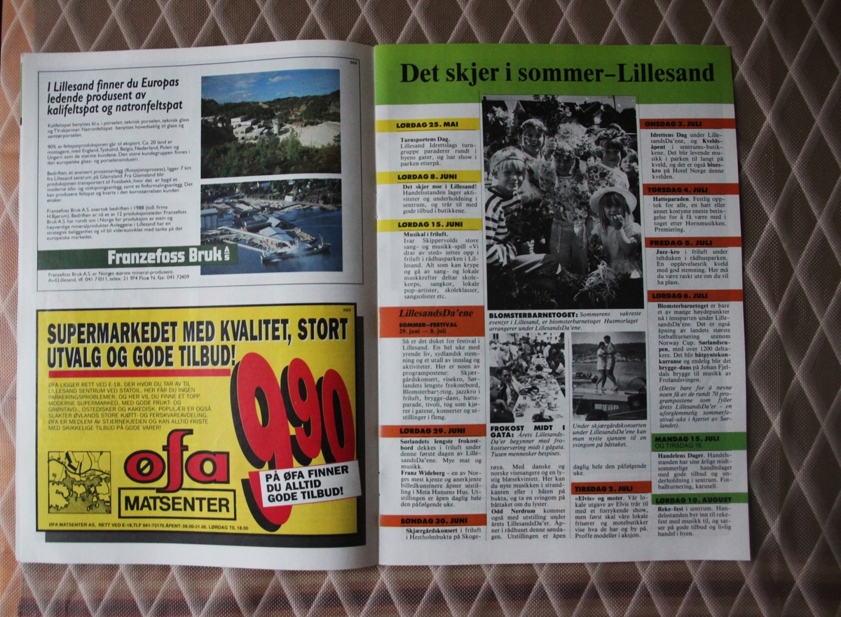 a) Reklame
Plastpose,hvit. Påskrift: Pers Mathjørne. Alt i dageligvarer. Strandgata i Lillesand. TLF.: 780. Innehaver Per Tønnesen.
b) Informasjon og reklame.
Lillesand sommer 1991. Utgiver Round Table, Lillesand.  24 sider, 12 blader.
c) Katalog (Hefte). "Rosenberg og Norway".
10 sider fotografier av barn med bunader. I farger. Foto fra Helges Studio og trykk fra Terjes Trykkeri Lillesand. Frabrikk 1950-1975. 10 sider.
A.S. Rosenberg Konfeksjonsfabrikk, 4790 Lillesand, Norway. Tlf. (042) 70066.