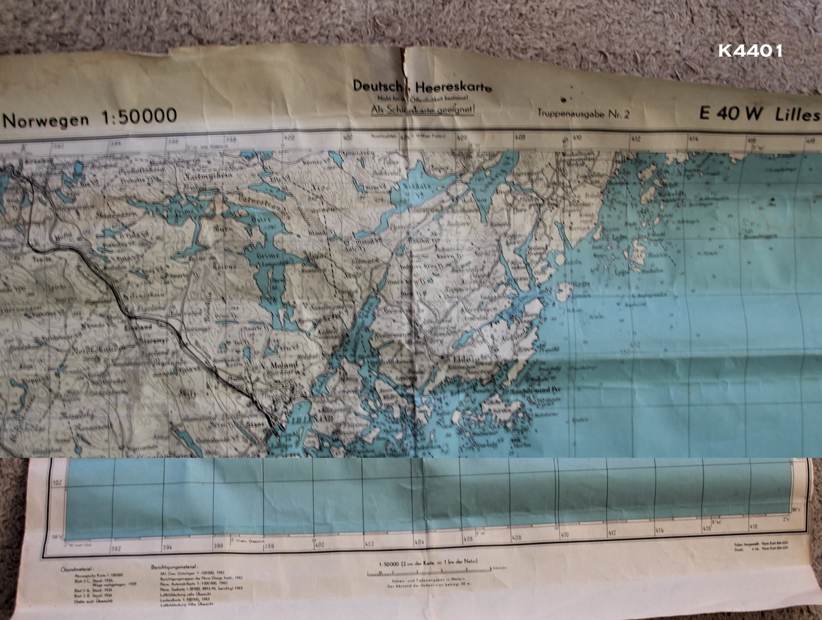 Kart (tysk) Målestokk 1 : 50000. Lillesand 1511 E 40 W Lillesand. Egnet som skytekart.
Deutsch Heereskarte.