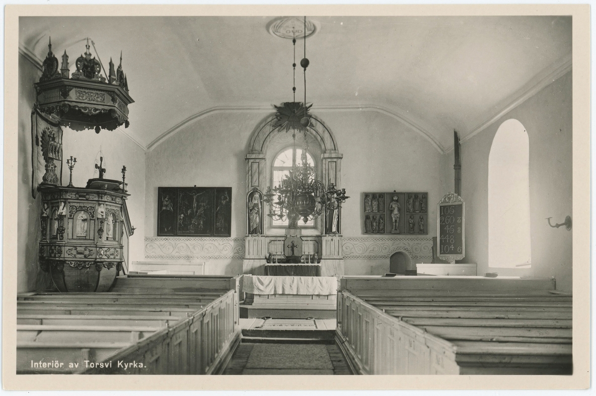 Vykort med motiv från interiören av Torsvi Kyrka, Enköping.