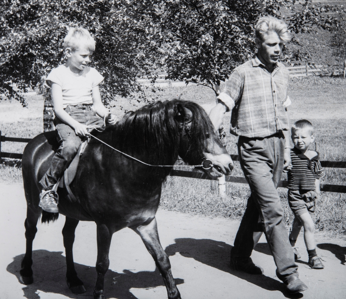 Grylling barnepensjonat og sommerleir, Løten. Garden Grylling vestre, Nordbygda, Løten. 1950-tallet.
Hestene var alltid populære for barna på Grylling barnepensjonat og sommerleir.
Barneridning, mann leier hest.