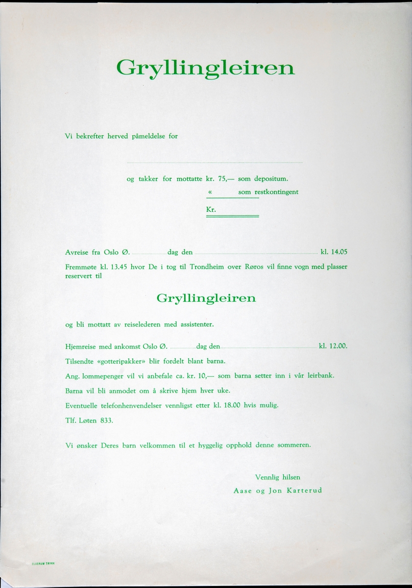 Grylling barnepensjonat og sommerleir, Løten.  Brosjyre for Grylling barnepensjonat og sommerleir, garden Grylling vestre, Nordbygda, Løten. ca. 1960.