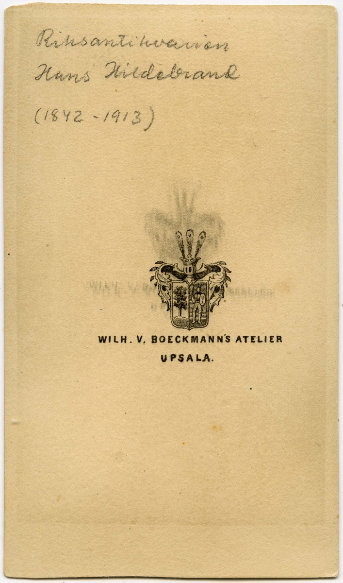 Porträtt på Riksantikvarie Fil. dr. Hans Olof Hildebrand. Född 5 april år1842, död 2 februari1913.