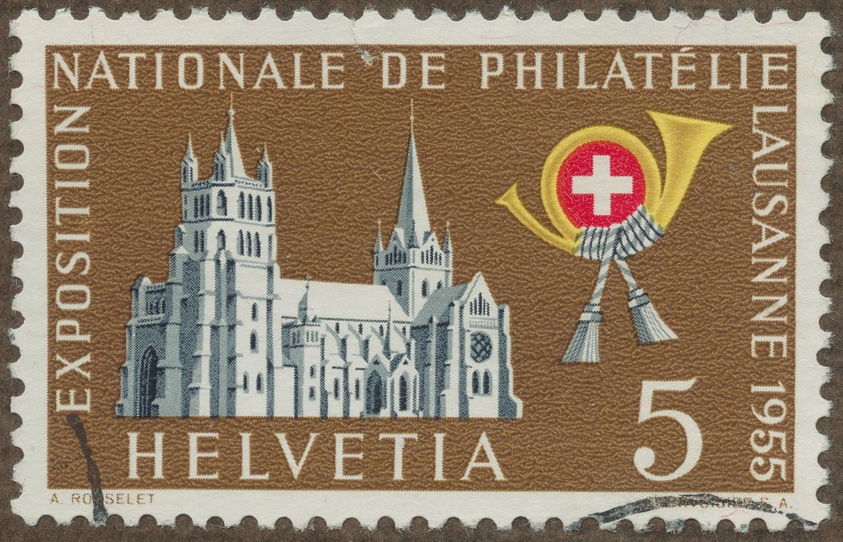 Frimärke ur Gösta Bodmans filatelistiska motivsamling, påbörjad 1950.
Frimärke från Schweiz, 1955. Motiv av Katedralen i Lausanne Filateliutställning 1955