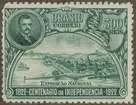 Frimärke ur Gösta Bodmans filatelistiska motivsamling, påbörjad 1950.
Frimärke från Brasilien, 1922. Motiv av Nationalutställningen i Brasilien 1922