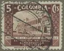 Frimärke ur Gösta Bodmans filatelistiska motivsamling, påbörjad 1950.
Frimärke från Colombia, Sydamerika, 1937. Motiv av Utställningspalatset vid industriutställningen i Barranquilla 1937.