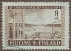 Frimärke ur Gösta Bodmans filatelistiska motivsamling, påbörjad 1950.
Frimärke från Finland, 1949. Motiv av Sågverk i Finland 3-dje internationella skogskongressen 1949