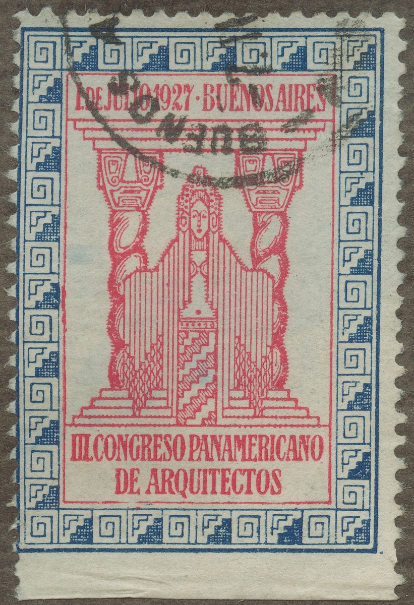 Frimärke ur Gösta Bodmans filatelistiska motivsamling, påbörjad 1950.
Frimärke från Argentina, 1927. Motiv av Arkitektonisk symbol: portal 3-dje panamerikanska kongressen för arkitekter 1927