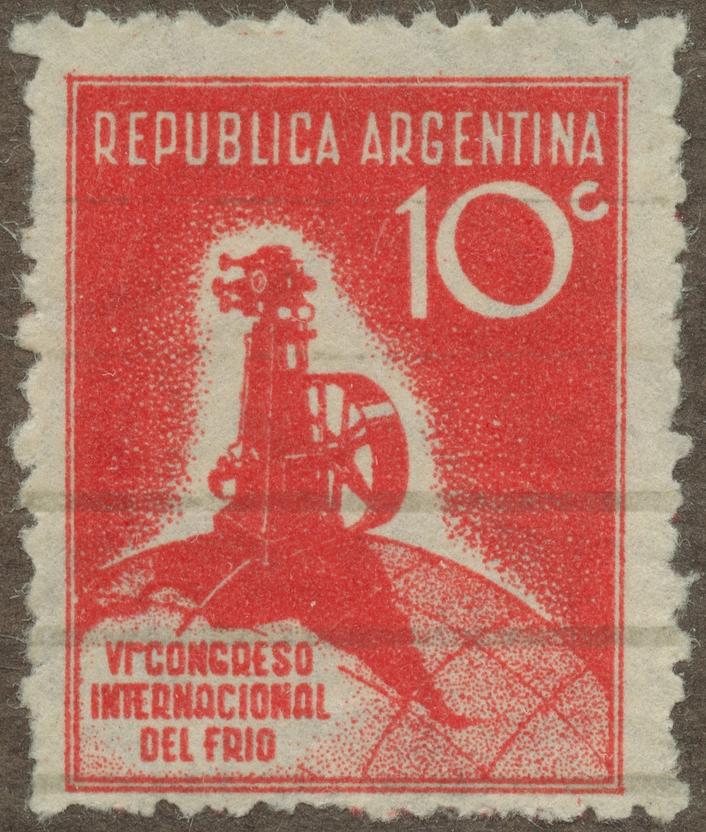Frimärke ur Gösta Bodmans filatelistiska motivsamling, påbörjad 1950.
Frimärke från Argentina, 1932. Motiv av Kylmaskin. Till VI. Internationella Kylkongressen i Argentina.