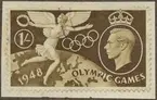 Frimärke ur Gösta Bodmans filatelistiska motivsamling, påbörjad 1950.
Fredsängel med lagerkrans: Jordglob: olympiska 5 Ringar -Olympiska Spel-