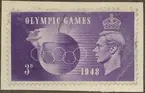 Frimärke ur Gösta Bodmans filatelistiska motivsamling, påbörjad 1950.
Frimärke från England, 1948. Motiv av Olympiska 5 Ringar Jordglob