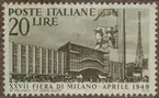 Frimärke ur Gösta Bodmans filatelistiska motivsamling, påbörjad 1950.
Frimärke från Italien, 1949. Motiv av 27-de mässan i Milano 1949