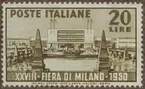 Frimärke ur Gösta Bodmans filatelistiska motivsamling, påbörjad 1950.
Frimärke från Italien, 1950. Motiv av 28-de mässan i Milano 1950