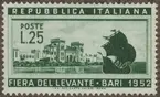 Frimärke ur Gösta Bodmans filatelistiska motivsamling, påbörjad 1950.
Frimärke från Italien, 1952. Motiv av Utställningsbyggnad Levantiska mässan i Bari 1952