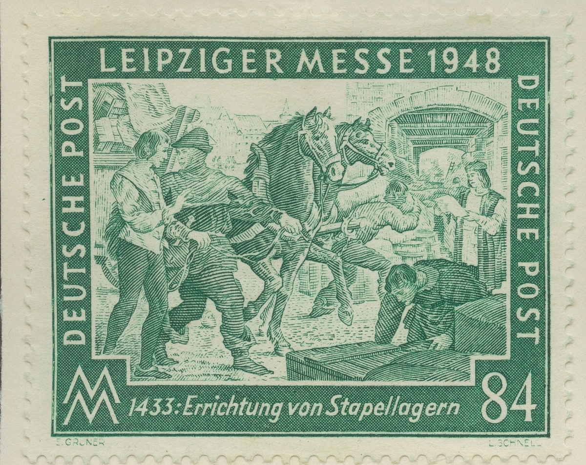 Frimärke ur Gösta Bodmans filatelistiska motivsamling, påbörjad 1950.
Frimärke från Tyskland, 1948. Motiv av (bild): Uppläggning av stapellager i Tyskland: 1433.  -Leipziger Mässan: 1948-