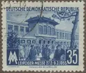 Frimärke ur Gösta Bodmans filatelistiska motivsamling, påbörjad 1950.
Frimärke från Öst Tyskland, 1955. Motiv av Mässan i Leipzig 27.2 -9.3 1955