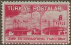 Frimärke ur Gösta Bodmans filatelistiska motivsamling, påbörjad 1950.
Frimärke från Turkiet, 1943. Motiv av Utställningsbyggnader Internationella mässan i Izmir (Smyrna): Februari 1943.