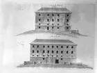 Västerås slott. Slottets södra fasad överst och östra fasad nederst. Uppmätning i februari månad 1814, P.W. Palmroth.