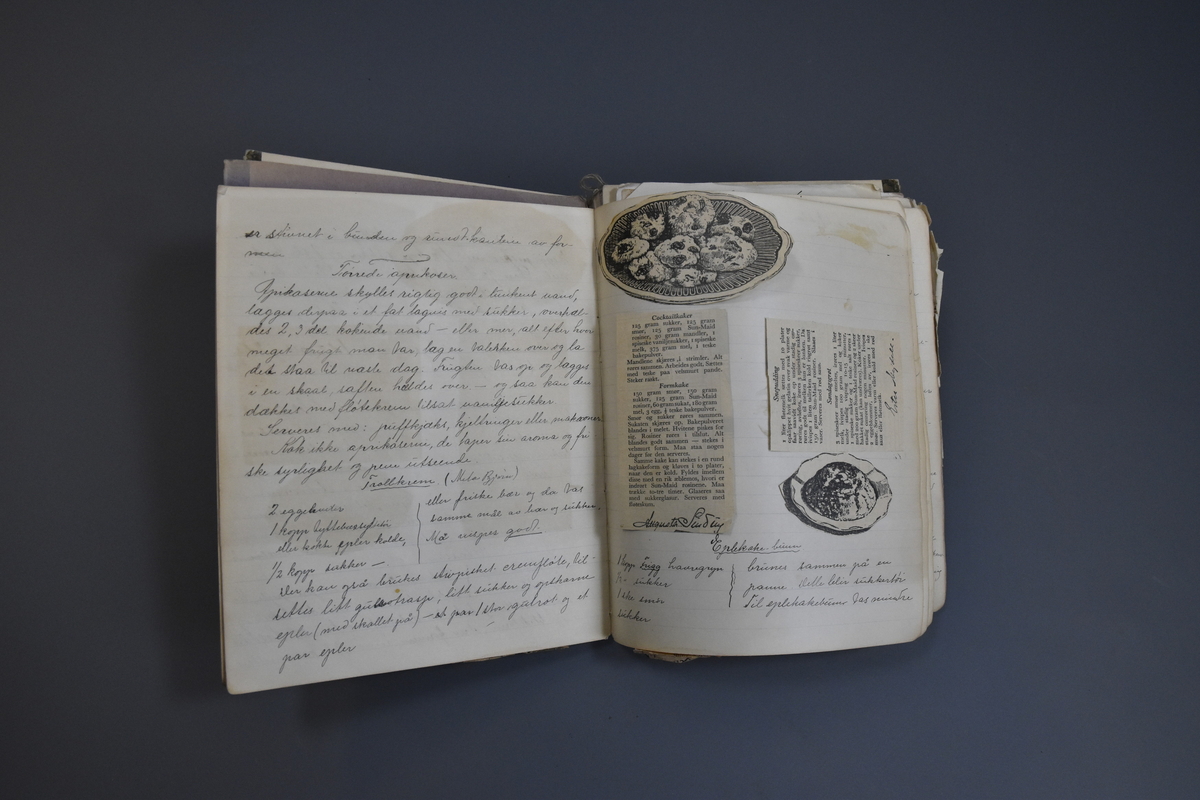 Håndskrevet "Opskrifts-bok for Elisabeth Westerbø". Inneholder i tillegg til selve boka mange løse innlegg med håndsskrevne lapper, avisklipp m.m. med flere oppskrifter.