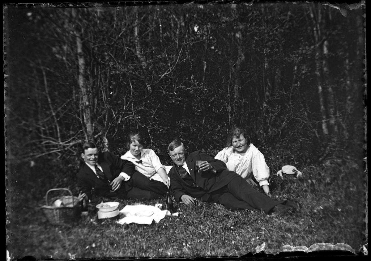 Två män och två kvinnor på picknick i gröngäset. Nummer två från vänster, Julia Westergren.