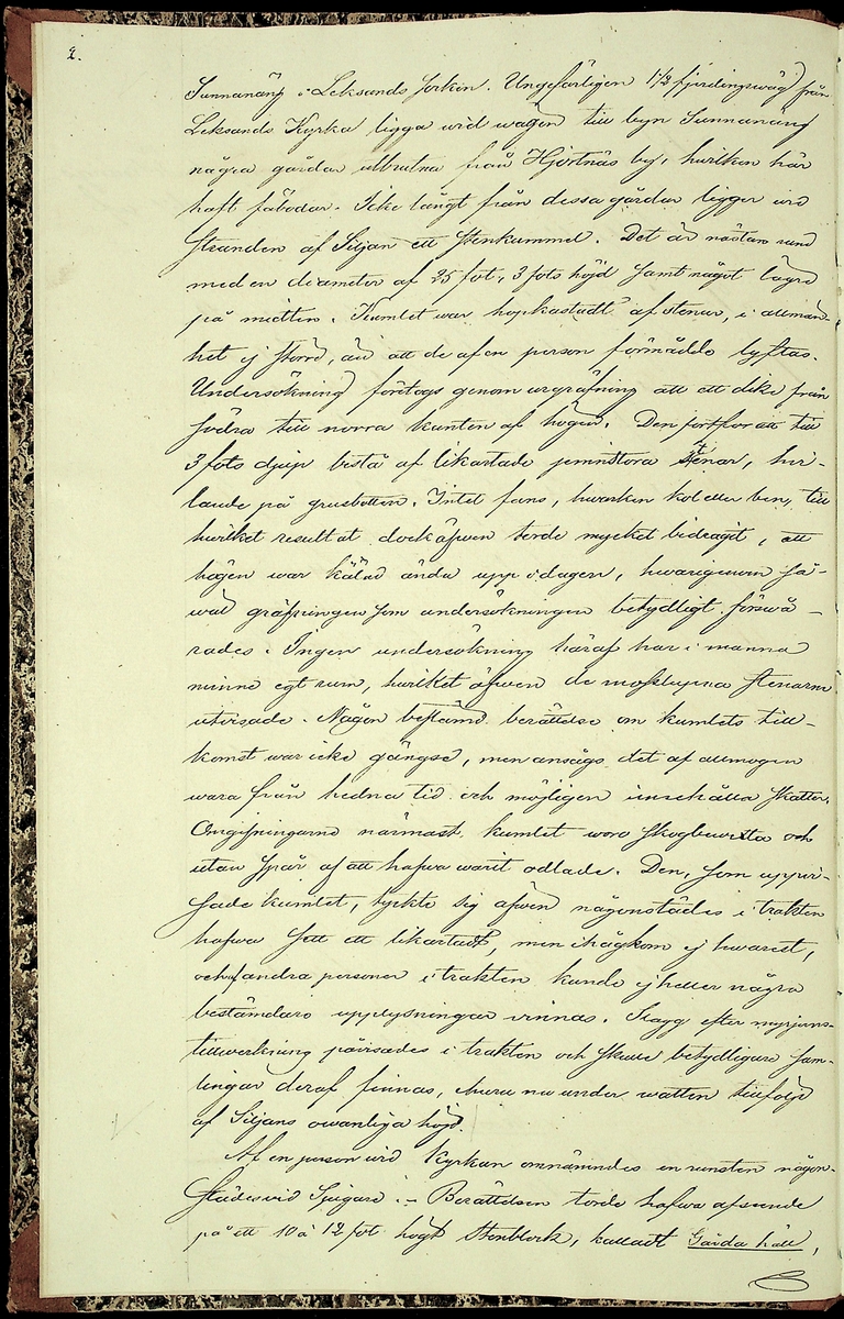 Reseberättelse om en antikvarisk undersökningsresa under juli och augusti månader år 1867 av läroverksadjunkten O. W. Wahlin. 

Socknar som är beskrivna: 
-Leksand (Sunnanäng, Hjortnäs, Sjugare, Gårda häll,Bergsäng, Tjuvholmen, Kärrongbron, Trutsudden, Drittnäs, Gullgatan, Kråkham, Björkberg,    Granberg, Laknäs, Flenberget, Skyberget, Hjortnäs). 
-Rättvik (Tina, Kyrkudden, Brottningen, Hällskärsudden, Kungshols-högen, Kungshamnsskär, Stumsnäs, Amnskär, Kungsviken, Erik Nicule's sten,    Stenen i Norränget, Kalken, Altsarbyn, Benkammar-åkern, Rvergistus åkern, Kyrkboden). 
-Ore (Vindförsberg, Dalfors)
-Orsa (Ore älven)
-Mora (Kråkberg, Orsasjön, Vånsnäs udde, Öna, Långlet, Jättgraven, Vagngropa, Kättbo, Venjan, Skottmyran, Vimo hed, Leksberget)
-Venjan (Vindfångnäset, Torrnäset, Van, Norra Finnäs, Ryttarheden, Landbobyn)
-Järna (Trollhålan)
-Gagnef (Svedjan, Hedningaknös, Bastbergets fäbod, Kjättsar bodarna, Gråbodarna, trollkyrka, Långåsberget, Rista, Norbäcksbodarna)

Not:  Munkstil, runor, Sax-musköt, kalkbod, pilskaft, lada, skatter, benbitar, metallgryta, lansspetsar, knivar, slagg, myrjärn, metallskål, Valborgsmässa, kyrkbyggnad, kummel, stenkummel, kol, rösen, gravhög, ättehög, kopparkista, altartavla, jätte, korsvägar, slagfält.
----------------------------------------------------------------------------------
-By (Fimossen, Trankullen, Fullsta gärde, Näs kvarn, Biskopsholmen, Berg, Orrbergs gubbe, Dansarhedarna, Grönsinka bruk, Rossberga, Tyskbo,    Ingeborgbo slätten, Hofmans pina, Pinan, Fornby, Degerbacken, Näs färja)
-Folkärna (Bäsingen,Brunnbäcks färja, Utsunds färja, Degerön, Dalkarlsmyran, Lerbäcken, Viddarsboda) 
-Grytnäs (Grådö, Baggbohed, Knallasbenning, Avesta kapell, Åsbo kvarn, Lappkällan).

Not: 
-By: Gravhögar, svärd, stålhuva, styckekulor, runsten, biskop Svinhufvud, biskop Trolle, stenröse, gränsröse, offerröse (offerkast), mordplats,    stridsyxa, begravningsplats, Digerdöden, helsingerunor, stenyxor, skafthålsyxa.
-Folkärna: Hillebard, stridshammare, Digerdöden, stenyxor, flinta. -Grytnäs: jättar, gryta, älvkvarn, kvarnsten, ältan, lappar. 
 2: Utdrag av föregående berättelse. (3 sidor).
 3: Karta över fornminnen i Mora; "Grafhögarne vid Kråkberg", Skottmyran och Venjan; "Kumlen vid Vansjön" och "Kumlen å Vindfångnäset".


Handlingen består av 1 bok (29 sidor) "Fornminneföreningen - Diverse handlingar".