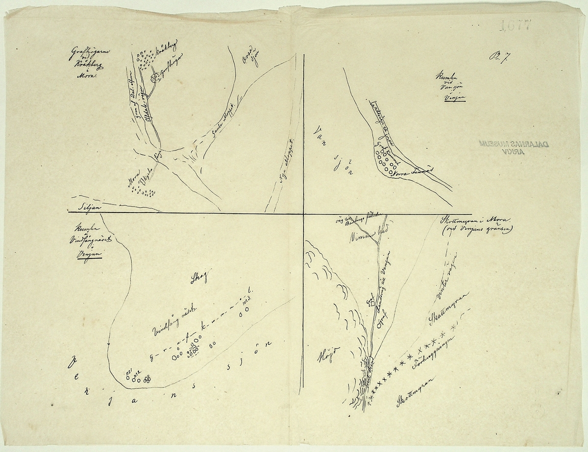 Reseberättelse om en antikvarisk undersökningsresa under juli och augusti månader år 1867 av läroverksadjunkten O. W. Wahlin. 

Socknar som är beskrivna: 
-Leksand (Sunnanäng, Hjortnäs, Sjugare, Gårda häll,Bergsäng, Tjuvholmen, Kärrongbron, Trutsudden, Drittnäs, Gullgatan, Kråkham, Björkberg,    Granberg, Laknäs, Flenberget, Skyberget, Hjortnäs). 
-Rättvik (Tina, Kyrkudden, Brottningen, Hällskärsudden, Kungshols-högen, Kungshamnsskär, Stumsnäs, Amnskär, Kungsviken, Erik Nicule's sten,    Stenen i Norränget, Kalken, Altsarbyn, Benkammar-åkern, Rvergistus åkern, Kyrkboden). 
-Ore (Vindförsberg, Dalfors)
-Orsa (Ore älven)
-Mora (Kråkberg, Orsasjön, Vånsnäs udde, Öna, Långlet, Jättgraven, Vagngropa, Kättbo, Venjan, Skottmyran, Vimo hed, Leksberget)
-Venjan (Vindfångnäset, Torrnäset, Van, Norra Finnäs, Ryttarheden, Landbobyn)
-Järna (Trollhålan)
-Gagnef (Svedjan, Hedningaknös, Bastbergets fäbod, Kjättsar bodarna, Gråbodarna, trollkyrka, Långåsberget, Rista, Norbäcksbodarna)

Not:  Munkstil, runor, Sax-musköt, kalkbod, pilskaft, lada, skatter, benbitar, metallgryta, lansspetsar, knivar, slagg, myrjärn, metallskål, Valborgsmässa, kyrkbyggnad, kummel, stenkummel, kol, rösen, gravhög, ättehög, kopparkista, altartavla, jätte, korsvägar, slagfält.
----------------------------------------------------------------------------------
-By (Fimossen, Trankullen, Fullsta gärde, Näs kvarn, Biskopsholmen, Berg, Orrbergs gubbe, Dansarhedarna, Grönsinka bruk, Rossberga, Tyskbo,    Ingeborgbo slätten, Hofmans pina, Pinan, Fornby, Degerbacken, Näs färja)
-Folkärna (Bäsingen,Brunnbäcks färja, Utsunds färja, Degerön, Dalkarlsmyran, Lerbäcken, Viddarsboda) 
-Grytnäs (Grådö, Baggbohed, Knallasbenning, Avesta kapell, Åsbo kvarn, Lappkällan).

Not: 
-By: Gravhögar, svärd, stålhuva, styckekulor, runsten, biskop Svinhufvud, biskop Trolle, stenröse, gränsröse, offerröse (offerkast), mordplats,    stridsyxa, begravningsplats, Digerdöden, helsingerunor, stenyxor, skafthålsyxa.
-Folkärna: Hillebard, stridshammare, Digerdöden, stenyxor, flinta. -Grytnäs: jättar, gryta, älvkvarn, kvarnsten, ältan, lappar. 
 2: Utdrag av föregående berättelse. (3 sidor).
 3: Karta över fornminnen i Mora; "Grafhögarne vid Kråkberg", Skottmyran och Venjan; "Kumlen vid Vansjön" och "Kumlen å Vindfångnäset".


Handlingen består av 1 bok (29 sidor) "Fornminneföreningen - Diverse handlingar".