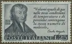 Frimärke ur Gösta Bodmans filatelistiska motivsamling, påbörjad 1950.
Frimärke från Italien, 1956. Motiv av Greve Amedeo Avogadro: 1776-1856. Ital. fysiker i Turin. 