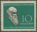 Frimärke ur Gösta Bodmans filatelistiska motivsamling, påbörjad 1950.
Frimärke från Öst Tyskland, 1958. Motiv av Charles Darwin 1809-1882. 100-årsminne av 