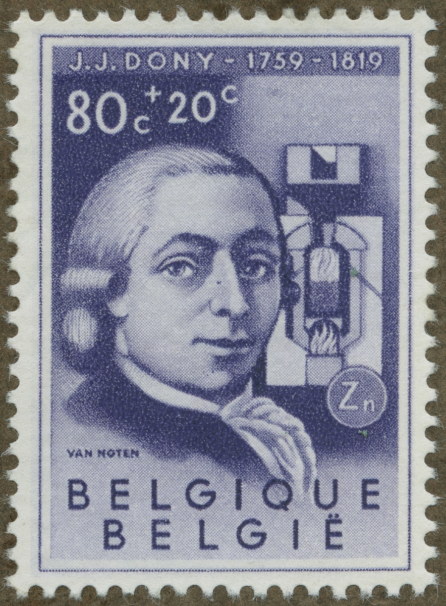 Frimärke ur Gösta Bodmans filatelistiska motivsamling, påbörjad 1950.
Frimärke från Belgien, 1955. Motiv av Jean Jacques Dony 1759-1819. Framställning av metallisk zink. "Serie: belgiska vetenskapsmän"