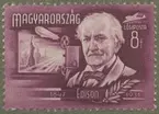 Frimärke ur Gösta Bodmans filatelistiska motivsamling, påbörjad 1950.
Frimärke från Ungern, 1948. Motiv av Thomas Alva Edison: 1847-1931. Amerikansk ingenjör. Duplextelegrafering 1877 mikrofonen, fonografen, 1879 koltrådslampan, 1882 New Yorks första station för elektrisk belysning, 1891 kinetoskopet: rörliga bilder. -I bakgrunden: filmprojektion.