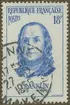 Frimärke ur Gösta Bodmans filatelistiska motivsamling, påbörjad 1950.
Frimärke från Frankrike, 1956. Motiv av Benjamin Franklin: 1706-1790. Boktryckare. Generalpostmästare. Fysiker: Åskledaren. Diplomat i London och i Paris.