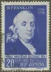 Frimärke ur Gösta Bodmans filatelistiska motivsamling, påbörjad 1950.
Frimärke från Rumänien, 1956. Motiv av Benjamin Franklin 1706-1790 Boktryckare. Stiftade Amer. Philosph. Society Generalpostmästare Fysiker: åskledaren Diplomat i London senare i Paris Medverkade vid utarbet. av Unionsförfattningen