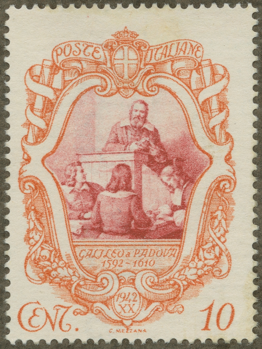 Frimärke ur Gösta Bodmans filatelistiska motivsamling, påbörjad 1950.
Frimärke från Italien, 1942. Motiv av Galileo Galilei: 1564-1642 Italiensk fysiker och astronom. (bild): Galilei föreläser i fysik i Padua 1592-1610. "300-årsminne av hans död. 1642-1942."
