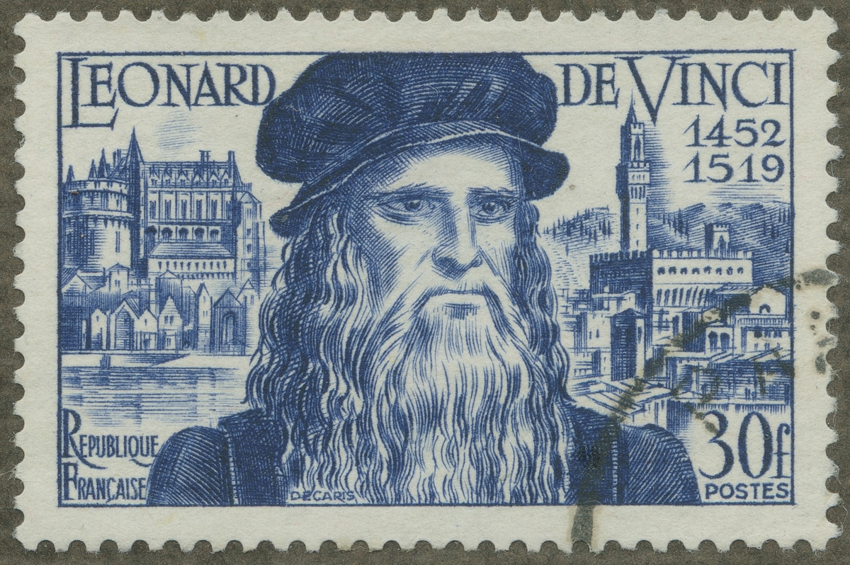 Frimärke ur Gösta Bodmans filatelistiska motivsamling, påbörjad 1950.
Frimärke från Frankrike, 1952. Motiv av Leonardo da Vinci 1452-1519. Italiensk konstnär och uppfinnare 500-årsminne av hans födelse: 1452-1952.