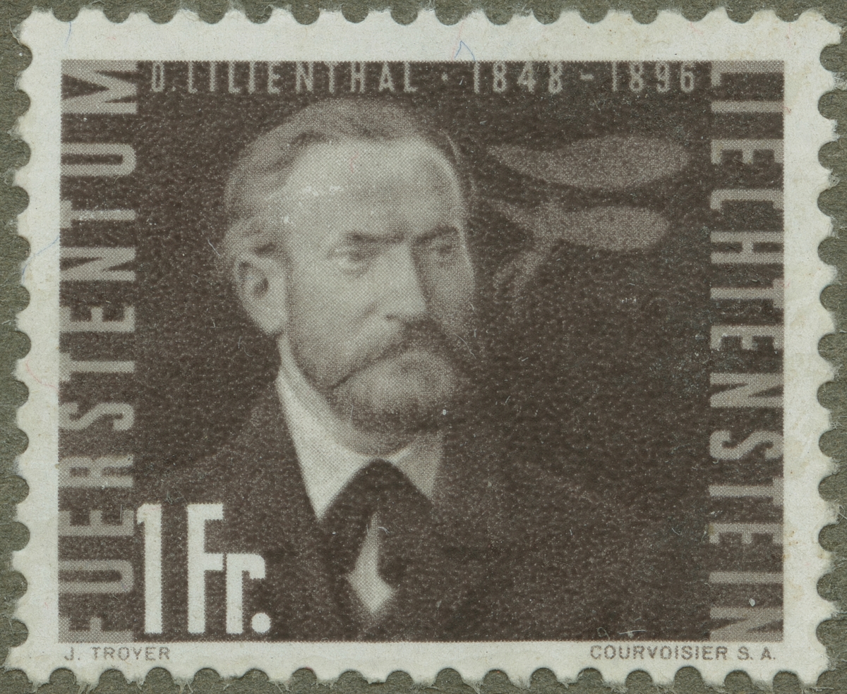 Frimärke ur Gösta Bodmans filatelistiska motivsamling, påbörjad 1950.
Frimärke från Liechtenstein, 1948. Motiv av Otto Lilienthal 1848-1896. Ingeniör, Tyskland. Gjorde med sitt glidflygplan dels 1890, dels 1895 betydelsefulla aerodynamiska rön, som legat till grund för utvecklingen av flygningen enligt systemet tyngre än luften. "Serie: Föregångsmän inom lufttrafiken."