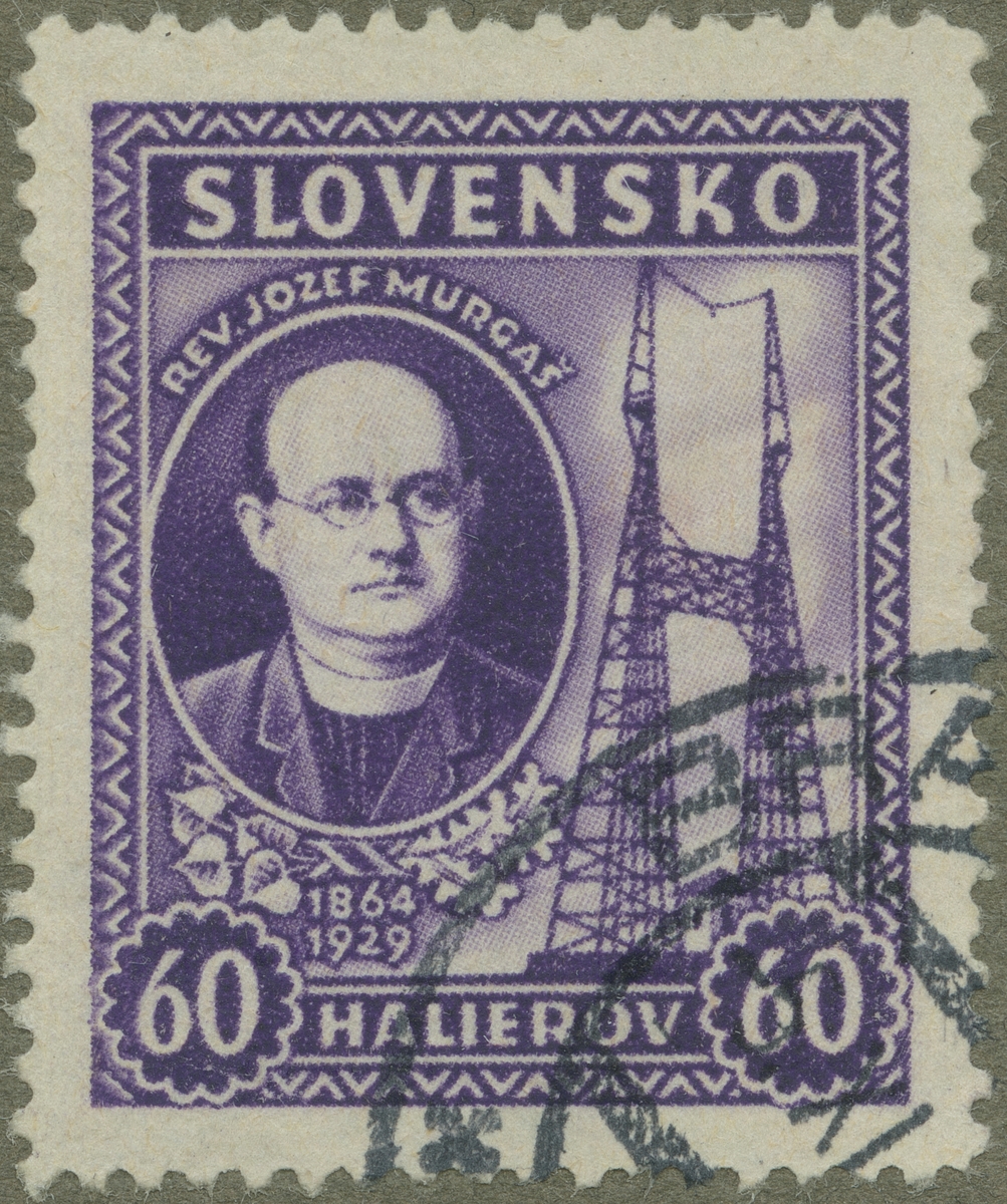 Frimärke ur Gösta Bodmans filatelistiska motivsamling, påbörjad 1950.
Frimärke från Slovakiet, 1939. Motiv av Josef Murgas: 1864-1929. Fysiker i Slovakiet. Präst. Insatser på radioteknikens område. 10-årsminne av hans död: 1929-1939.