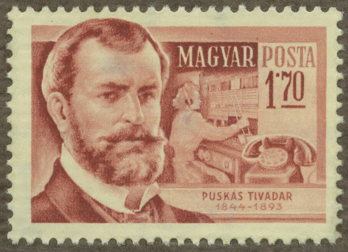 Frimärke ur Gösta Bodmans filatelistiska motivsamling, påbörjad 1950.
Frimärke från Ungern, 1954. Motiv av Ungraren Tivadar Puskás: 1844-1893 Telefon "Serie: ungerska vetenskapsmän"