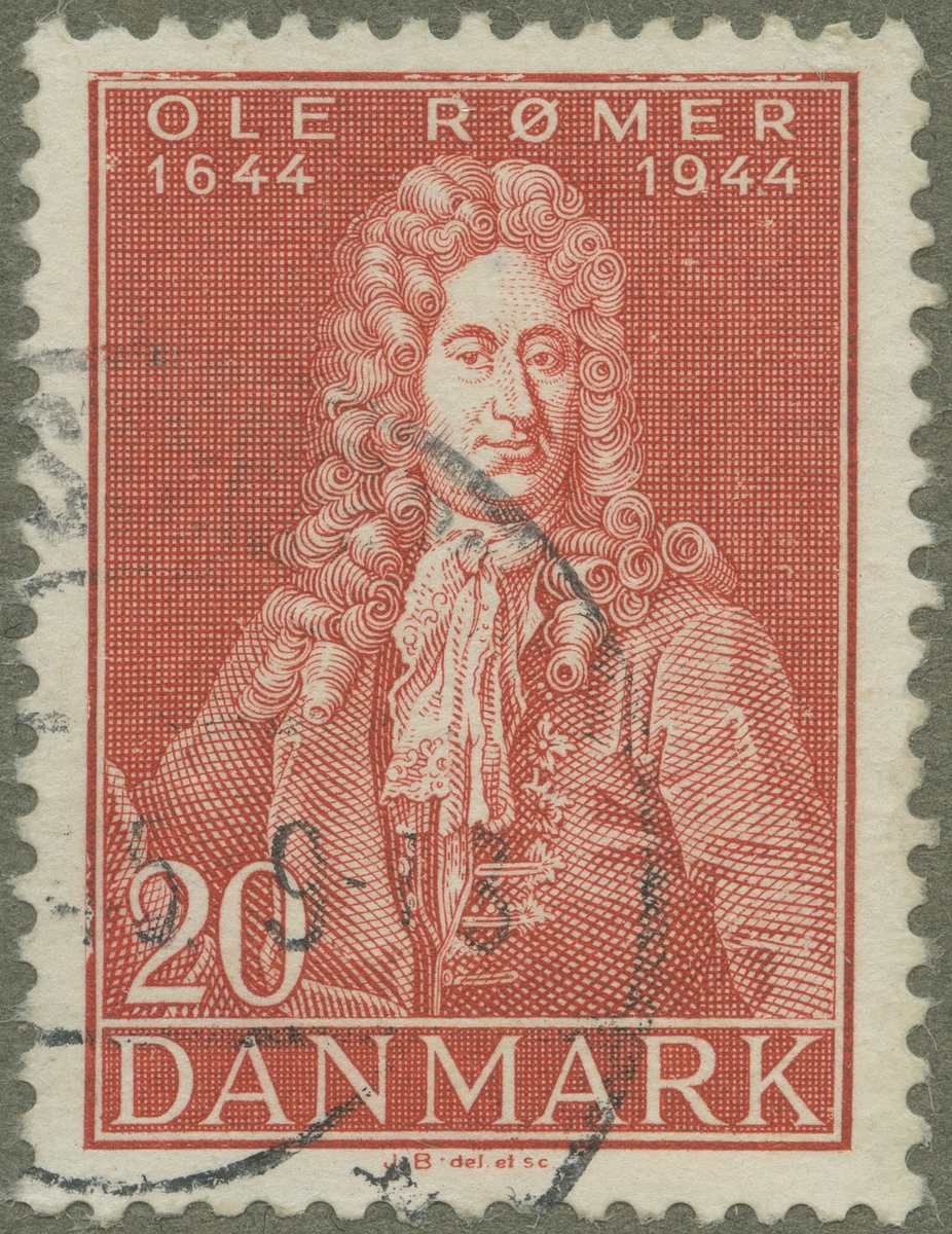 Frimärke ur Gösta Bodmans filatelistiska motivsamling, påbörjad 1950.
Frimärke från Danmark, 1944. Motiv av Ole Römer 1644-1710. Astronom. Bestämde ljusets hastighet. Reformerade mått och vikt i Danmark.  Till 300-årsminne av hans födelse: 1644-1944.