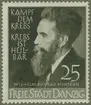 Frimärke ur Gösta Bodmans filatelistiska motivsamling, påbörjad 1950.
Frimärke från Danzig, 1939. Motiv av Wilhelm Conrad Röntgen 1845-1923. Upptäckte 1985 de strålar som utgå från kroppar som träffas av katodstrålar. Kallades av honom x-strålar (Röntgenstrålar). Gav upphov till röntgenfotografering samt bekämpande av kräftsjukdomar med röntgenstrålar. 