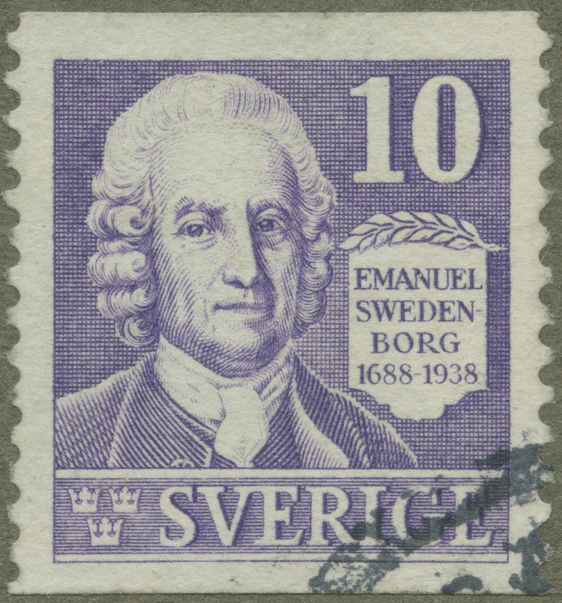 Frimärke ur Gösta Bodmans filatelistiska motivsamling, påbörjad 1950.
Frimärke från Sverige, 1938. Motiv av Emanuel Swedenborg 1688-1772. Svensk naturforskare. Författat böcker om järn och koppar. Redaktör för vår första tekniska tidskrift "Daedalus Hyperboraeus" 1716-1718. Förordade decimalsystemet för mynt. Gjorde utkast till flygmaskin med fasta bärplan. 250-årsminne av hans födelse. 1688-1938.