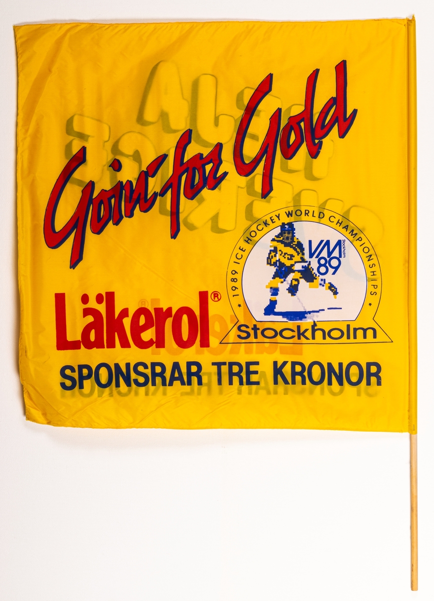 Gul supporterflagga för Ishockey VM 1989,