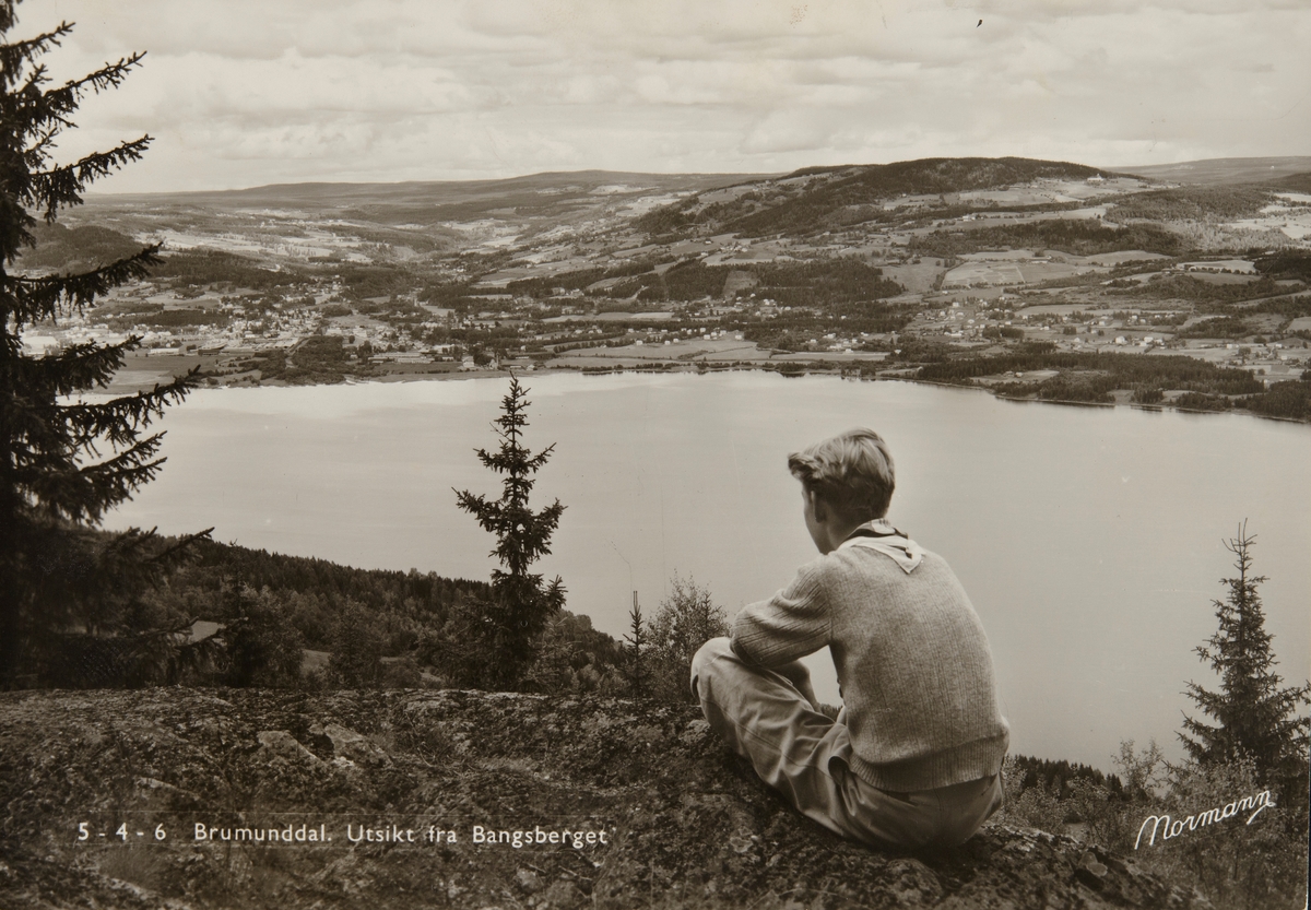 Postkort, Ringsaker, Bangsberget, utsikt mot Brumunddal og Mjøsa. Terje Fjellstad i forgrunnen,