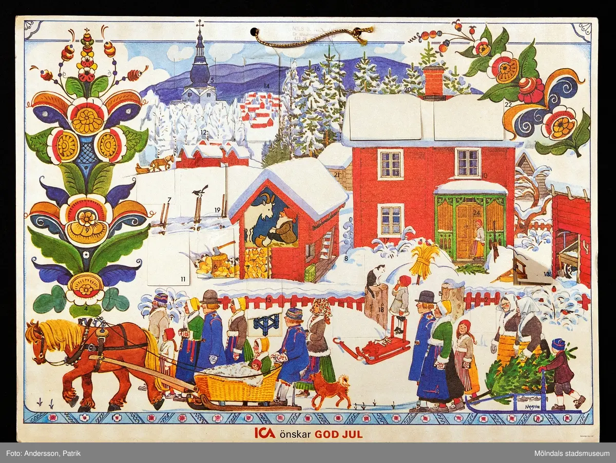 Adventskalender. 
Märkt: Nils  S Nilsson, Dr. Westrings gata 13, 413 24 Göteborg. tel: 62 10 91, 82 10 92.
Skrift: ICA önskar God Jul.