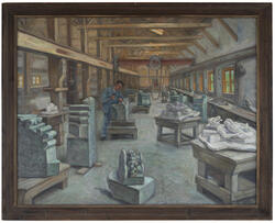 Trondhjems domkirkes nye steinhuggerverksted [Oljemaleri]