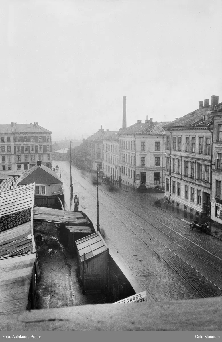 utsikt, hustak, skur, plankegjerde, gateløp, bygårder, trikkeskinner