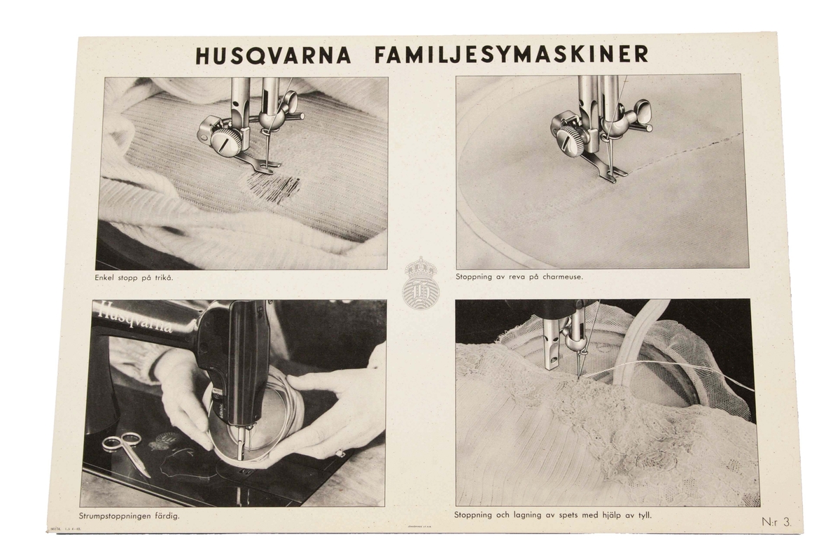 Plansch i svartvitt, 12 st. Serie, numrerade från 1-12. Märkta längst upp: HUSQVARNA FAMILJESYMASKINER.

Varje plansch indelad i fyra fält med bilder, på användbara sömnadstekniker man kan utföra, med enkel text under. I mitten Husqvarnas logotyp.
Förvaras i brunt pappfodral med texten "Husqvarna Sömnadsplanscher".

Funktion: Reklam och informationsplansch, för Husqvarnas symaskiner för hemsömnad