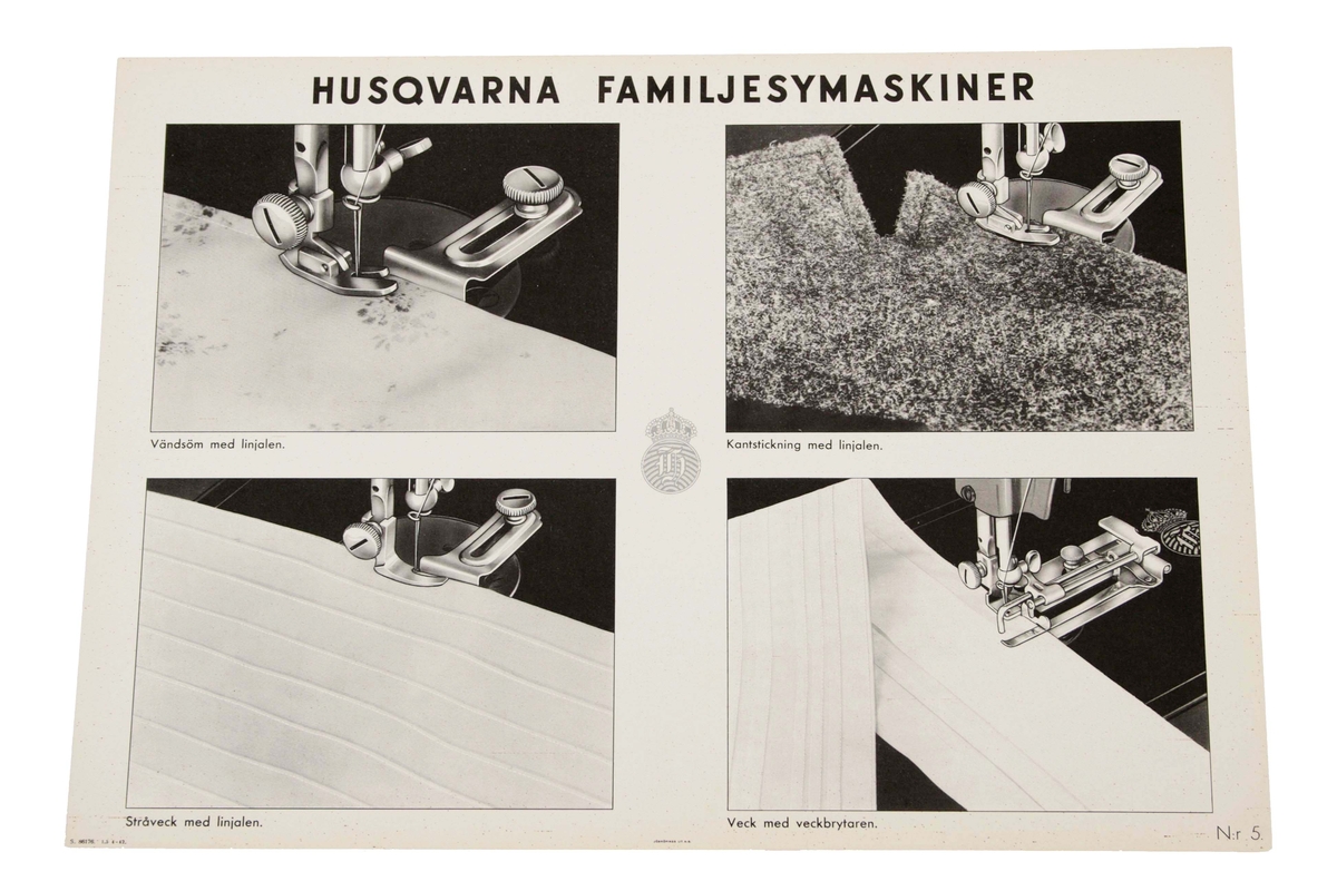 Plansch i svartvitt, 12 st. Serie, numrerade från 1-12. Märkta längst upp: HUSQVARNA FAMILJESYMASKINER.

Varje plansch indelad i fyra fält med bilder, på användbara sömnadstekniker man kan utföra, med enkel text under. I mitten Husqvarnas logotyp.
Förvaras i brunt pappfodral med texten "Husqvarna Sömnadsplanscher".

Funktion: Reklam och informationsplansch, för Husqvarnas symaskiner för hemsömnad