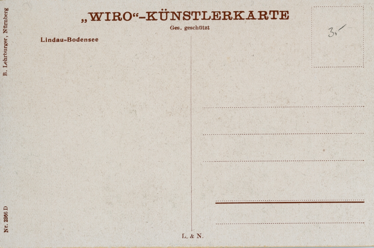 Vykort med motiv av två hjulångare vid Lindau, Bodensjön, Tyskland. Staden Lindau i bakgrunden. "Wiro"- Künstlerkarte.