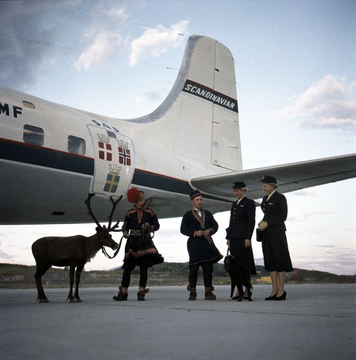 Karl og Kalle Karlstad med hunden Dilko og et reinstyr står oppstilt sammen med to flyvertinner foran SAS' DC-6 "Agne Viking".