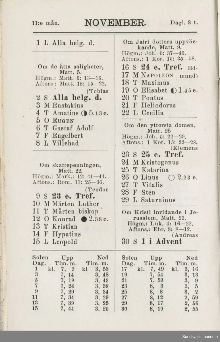 Dagbok. Erik Petter Wallmark (1870-1891) 

E.P. Wallmark föddes på ett hemman i Valla, Selånger. Han var student vid Uppsala universitet och klarade sin fil.kand. på endast två terminer.  E.P. Wallmark var sjuk i tbc och avled endast 20 år gammal. 
Anteckningarna, skrivna mellan 1888-1891, rör bland annat hans tid i Uppsala och sjukdomens förlopp. 


Se länkade filer för komplett dadbok.