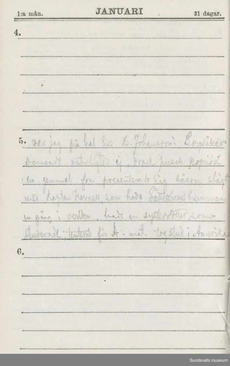 Dagbok. Erik Petter Wallmark (1870-1891) 

E.P. Wallmark föddes på ett hemman i Valla, Selånger. Han var student vid Uppsala universitet och klarade sin fil.kand. på endast två terminer.  E.P. Wallmark var sjuk i tbc och avled endast 20 år gammal. 
Anteckningarna, skrivna mellan 1888-1891, rör bland annat hans tid i Uppsala och sjukdomens förlopp. 


Se länkade filer för komplett dadbok.